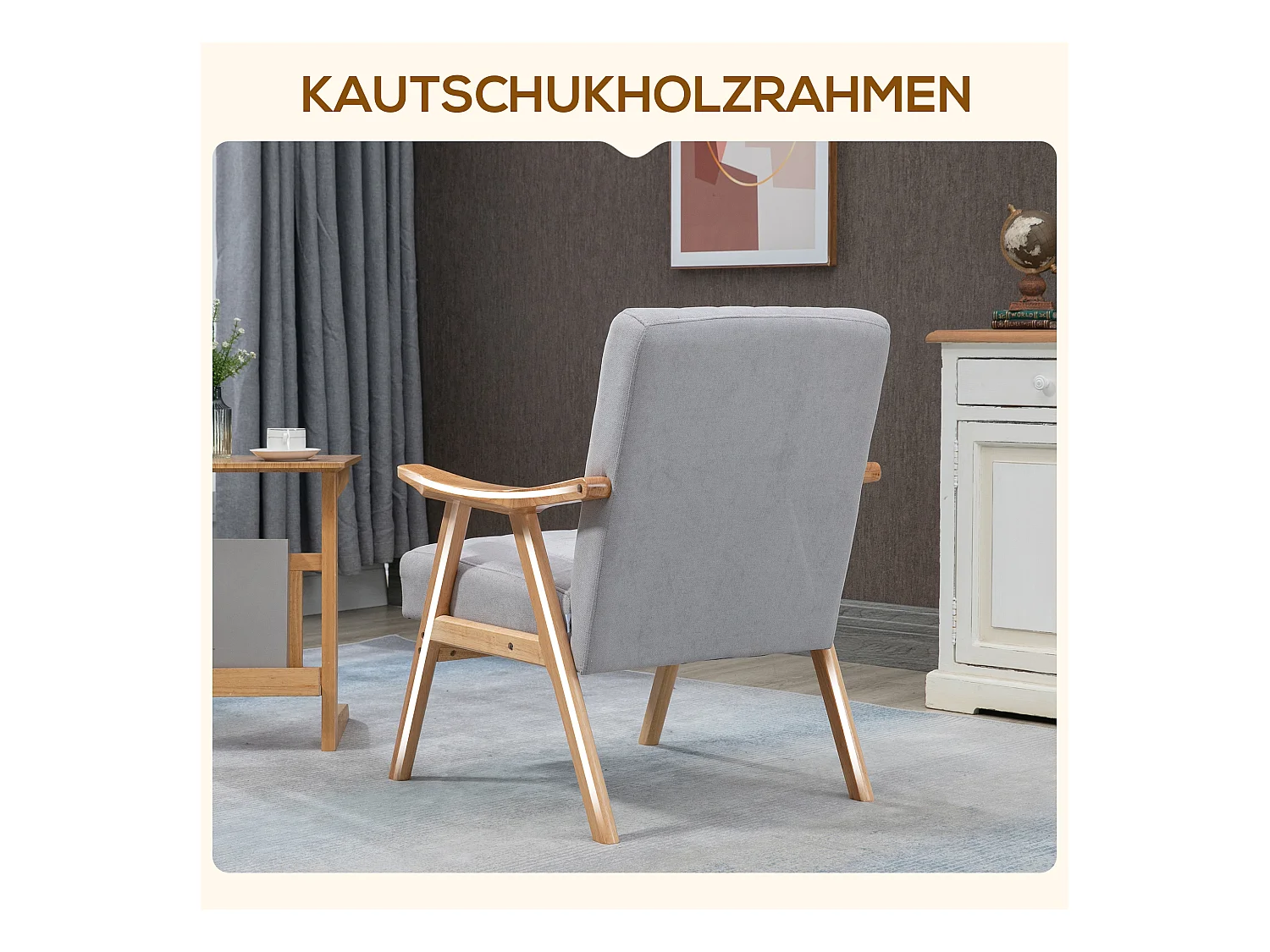 Fauteuil relax avec accoudoirs, design scandinave, bois de caoutchouc, microfibre, gris clair (68x74x82 cm)