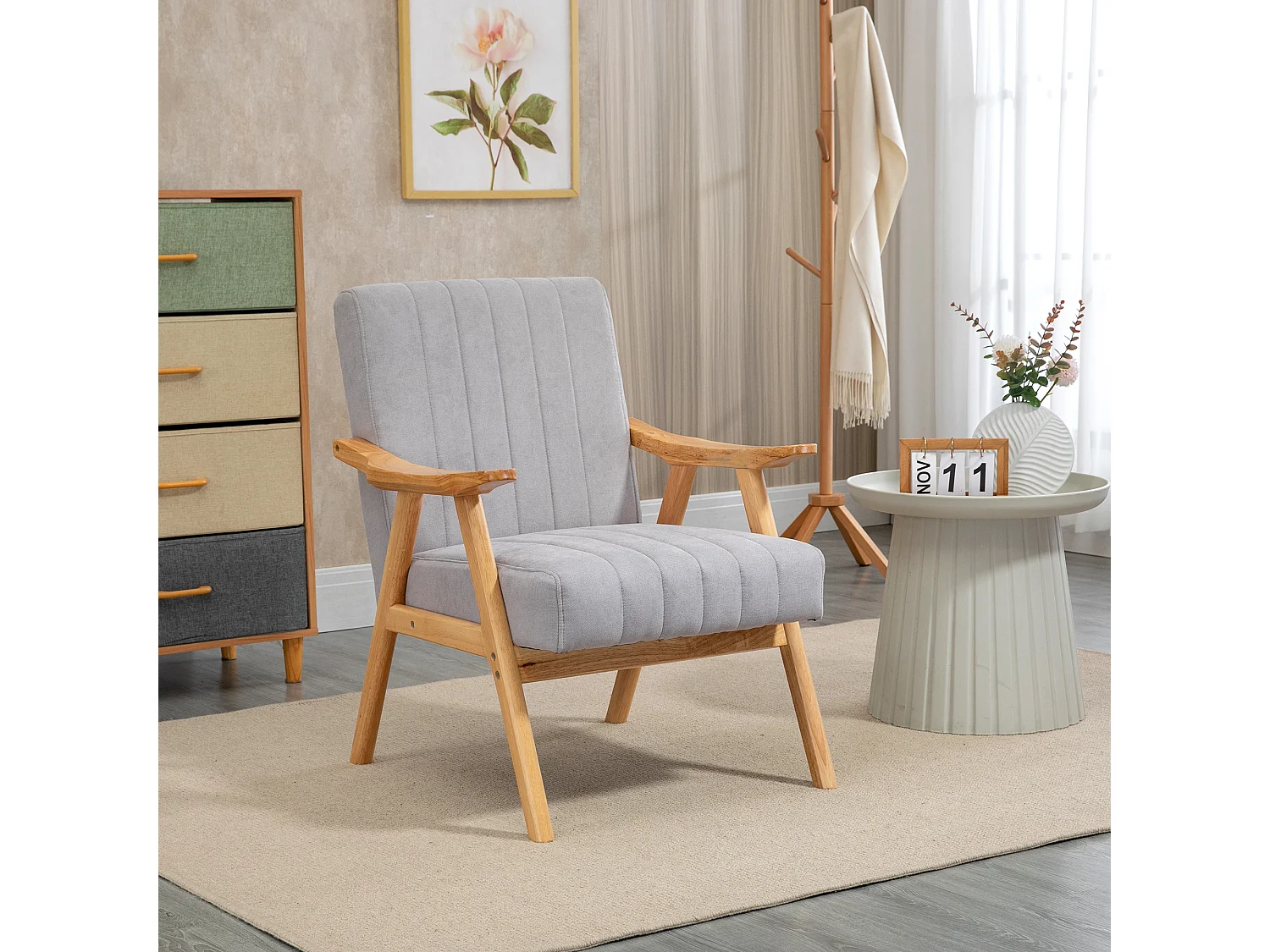 Relaxfauteuil met armleuningen, Scandinavisch design, rubberhout, microvezel, lichtgrijs (68x74x82 cm)