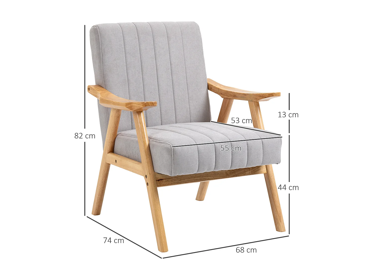 Relaxfauteuil met armleuningen, Scandinavisch design, rubberhout, microvezel, lichtgrijs (68x74x82 cm)