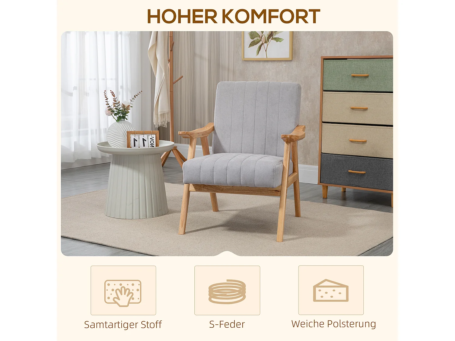 Relaxfauteuil met armleuningen, Scandinavisch design, rubberhout, microvezel, lichtgrijs (68x74x82 cm)