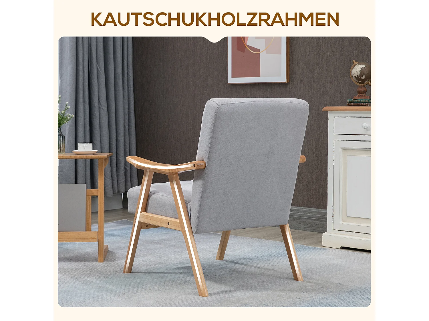 Relaxfauteuil met armleuningen, Scandinavisch design, rubberhout, microvezel, lichtgrijs (68x74x82 cm)