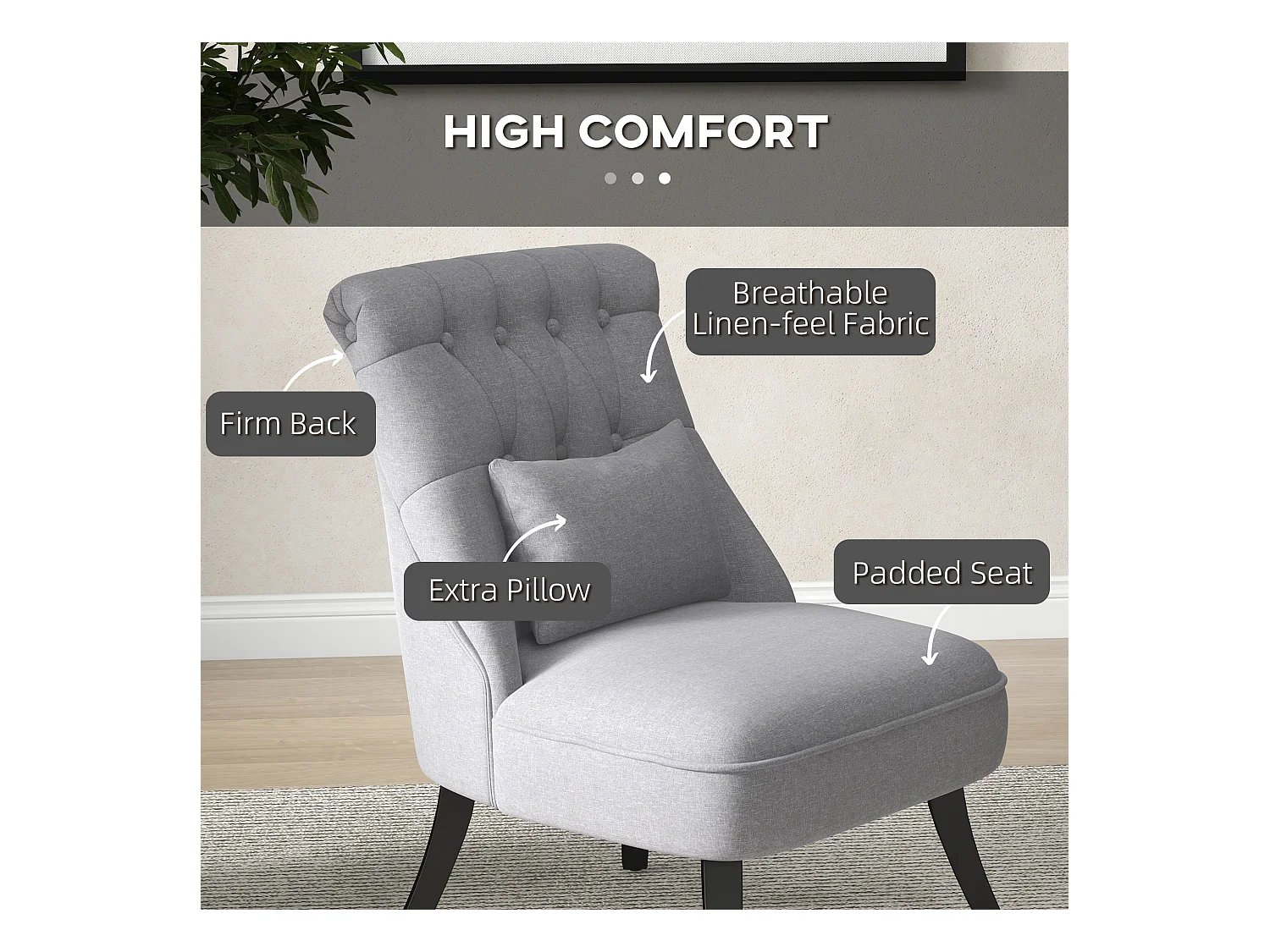 Fauteuil relax avec coussin lombaire, pieds surélevés, lin, gris (52.5x69x77 cm)