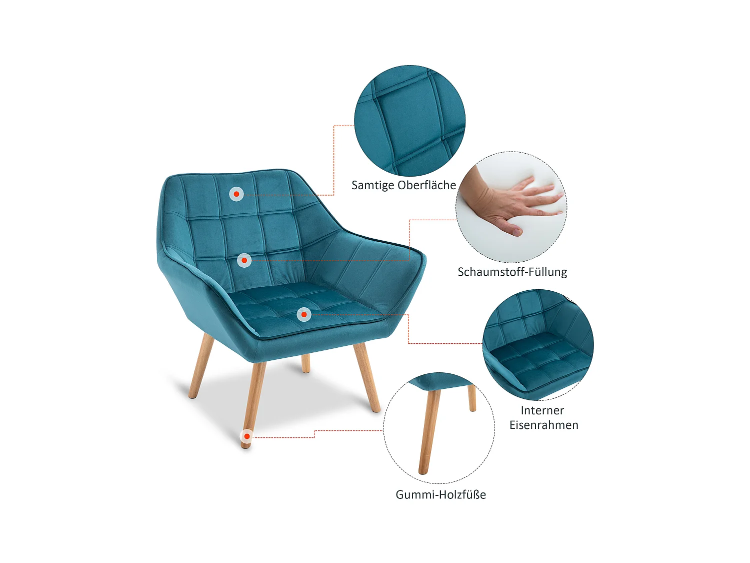 Fauteuil relax avec design scandinave, en velours, pieds en bois, bleu clair (64x62x72.5 cm)