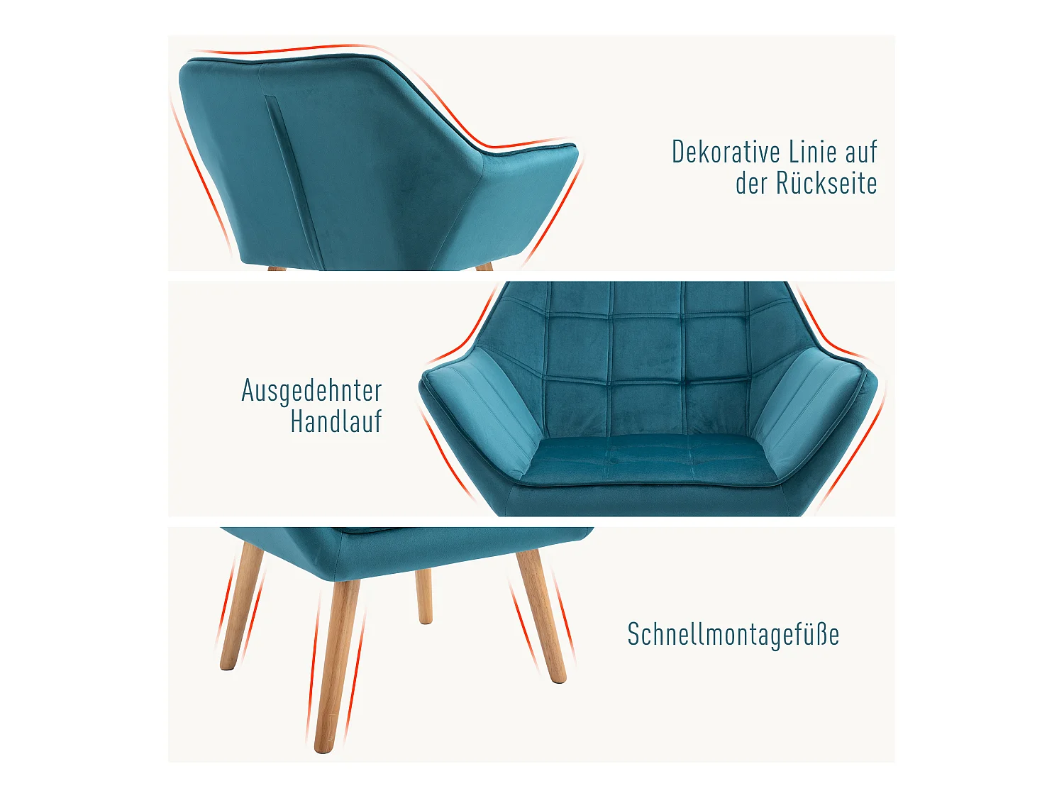 Fauteuil relax avec design scandinave, en velours, pieds en bois, bleu clair (64x62x72.5 cm)