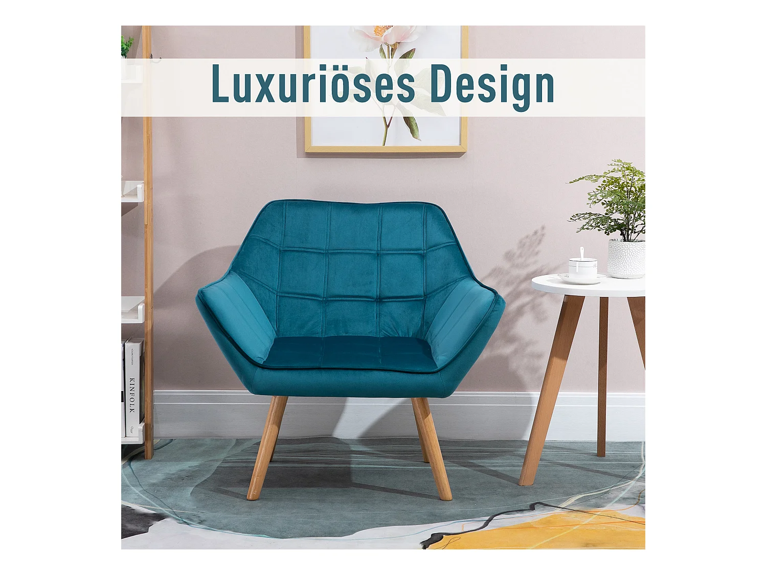 Fauteuil relax avec design scandinave, en velours, pieds en bois, bleu clair (64x62x72.5 cm)