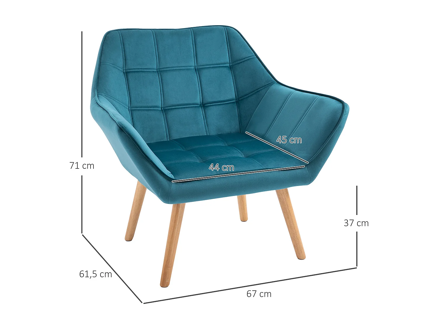 Fauteuil relax avec design scandinave, en velours, pieds en bois, bleu clair (64x62x72.5 cm)