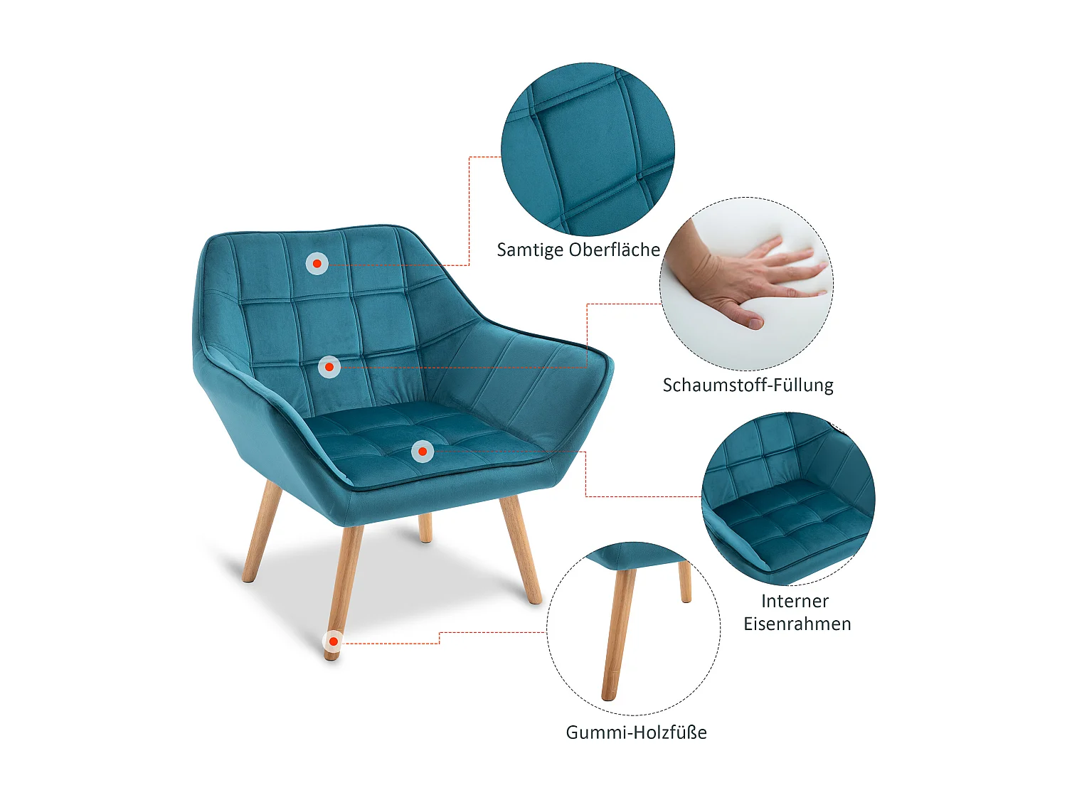 Fauteuil relax avec design scandinave, en velours, pieds en bois, bleu clair (64x62x72.5 cm)