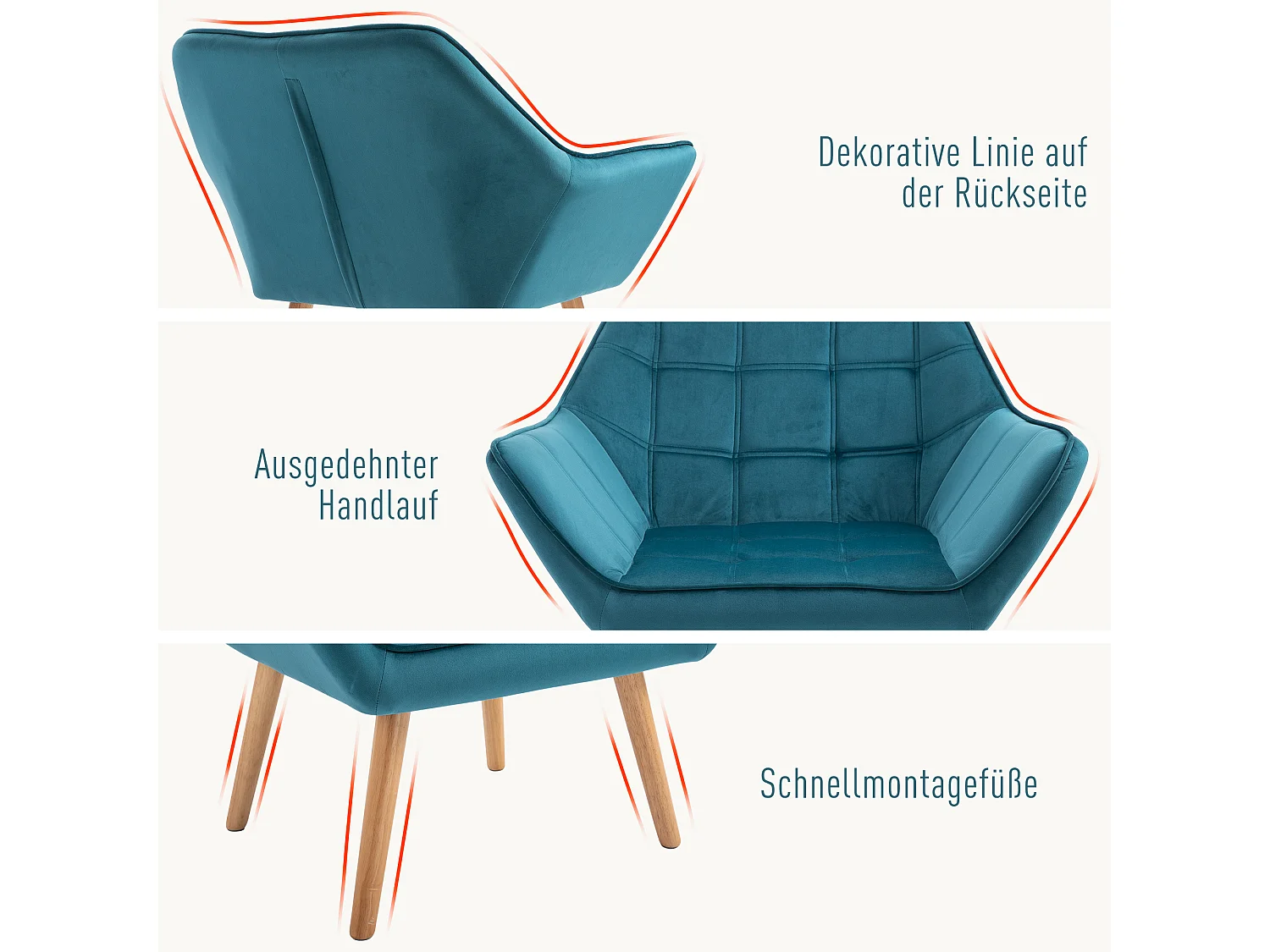 Fauteuil relax avec design scandinave, en velours, pieds en bois, bleu clair (64x62x72.5 cm)
