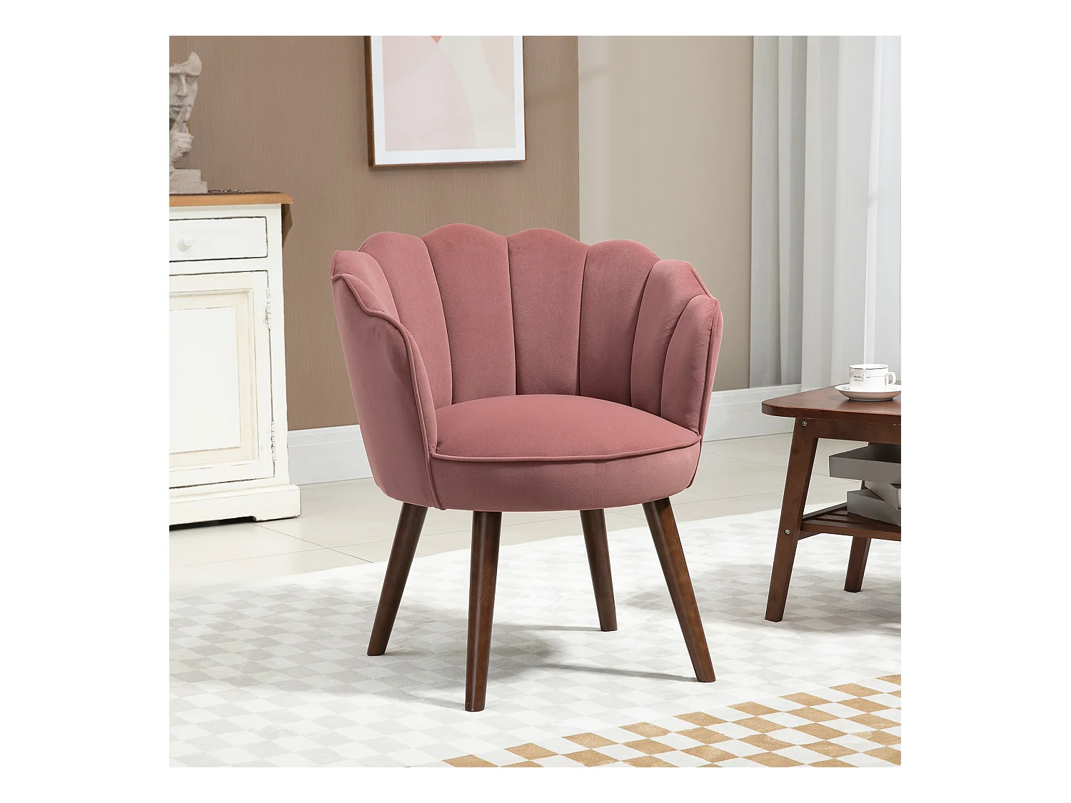 Chaise de salle à manger, dossier haut, polyester, bois de caoutchouc, rose (66x72x79 cm)