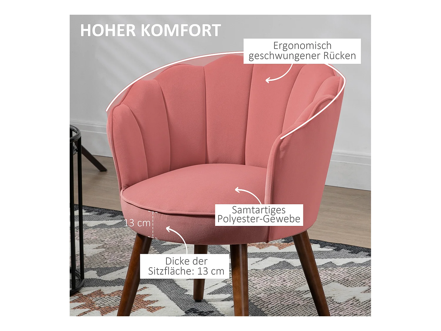 Chaise de salle à manger, dossier haut, polyester, bois de caoutchouc, rose (66x72x79 cm)