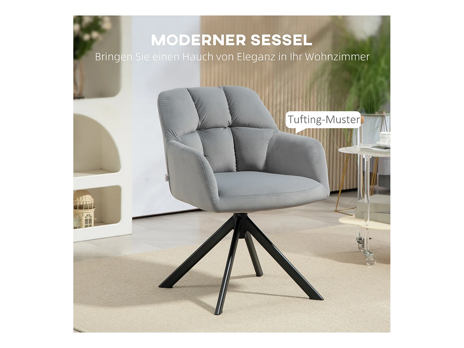 Moderne draaifauteuil van fluweel met armleuningen, metalen poten, grijs (58,5x59x78,5 cm)