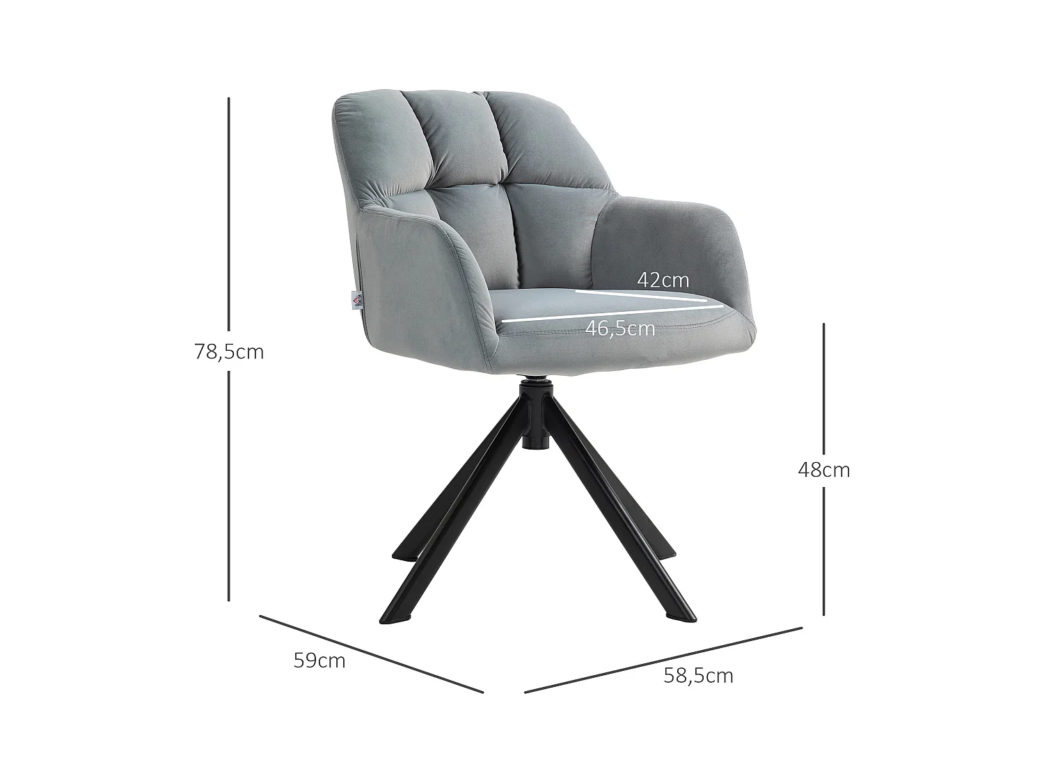 Fauteuil pivotant moderne en velours avec accoudoirs, pieds métalliques, gris (58.5x59x78.5 cm)