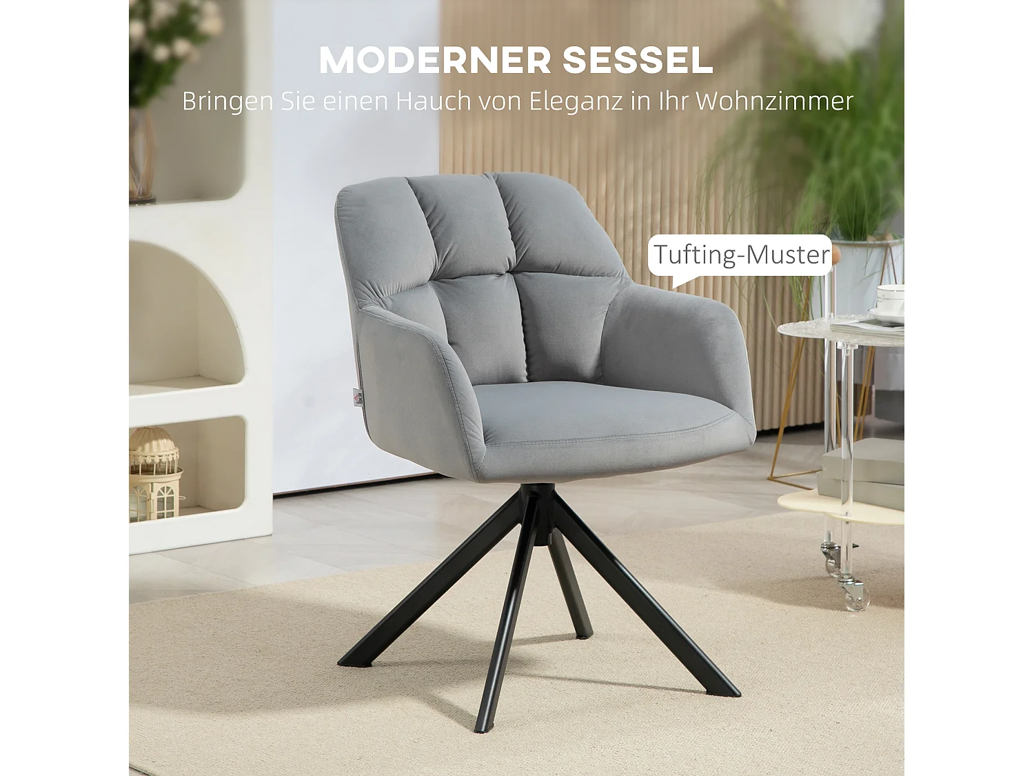 Fauteuil pivotant moderne en velours avec accoudoirs, pieds métalliques, gris (58.5x59x78.5 cm)