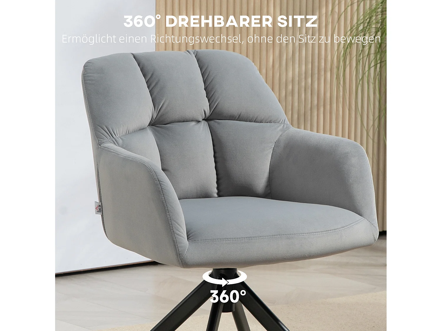 Fauteuil pivotant moderne en velours avec accoudoirs, pieds métalliques, gris (58.5x59x78.5 cm)