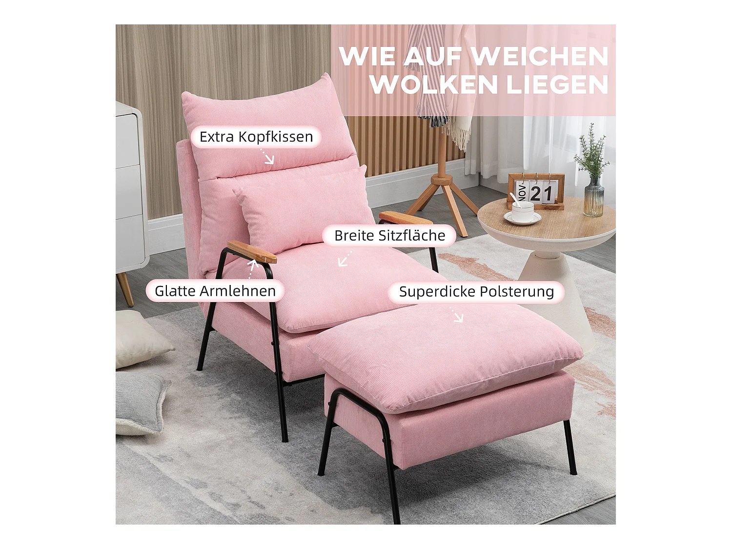 Fauteuil Relax avec Repose-Pieds, Fonction Inclinable, Tissu Doux, Rose (68x91.5x88 cm)