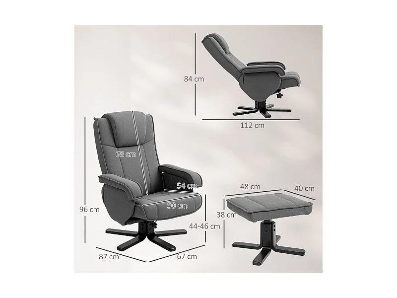 Fauteuil de relaxation avec repose-pieds, 360° pivotant, tissu velours, gris foncé (87x67x96 cm)