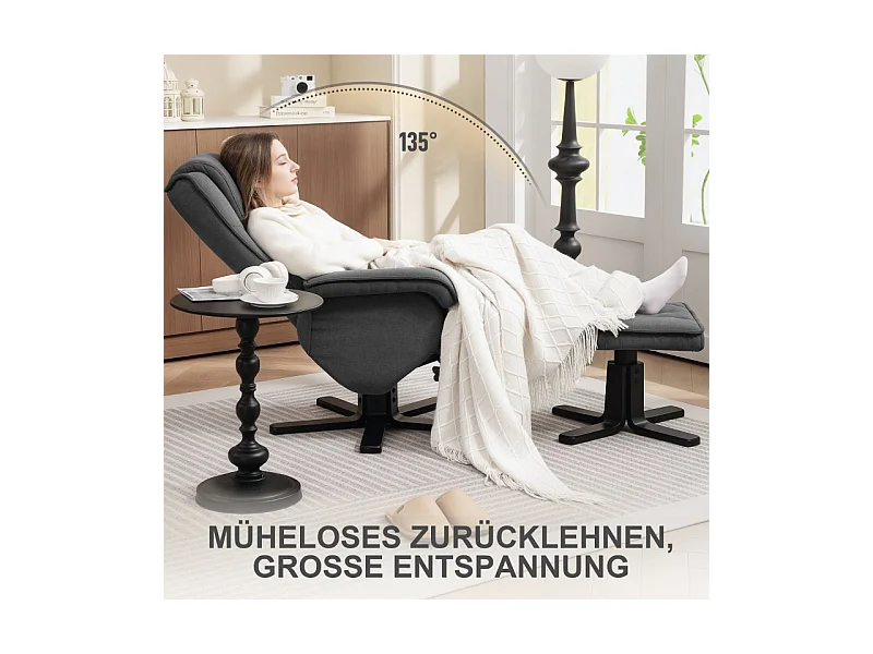 Fauteuil de relaxation avec repose-pieds, 360° pivotant, tissu velours, gris foncé (87x67x96 cm)