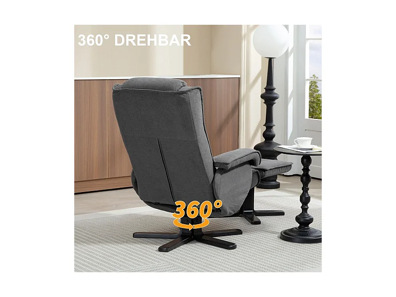 Fauteuil de relaxation avec repose-pieds, 360° pivotant, tissu velours, gris foncé (87x67x96 cm)