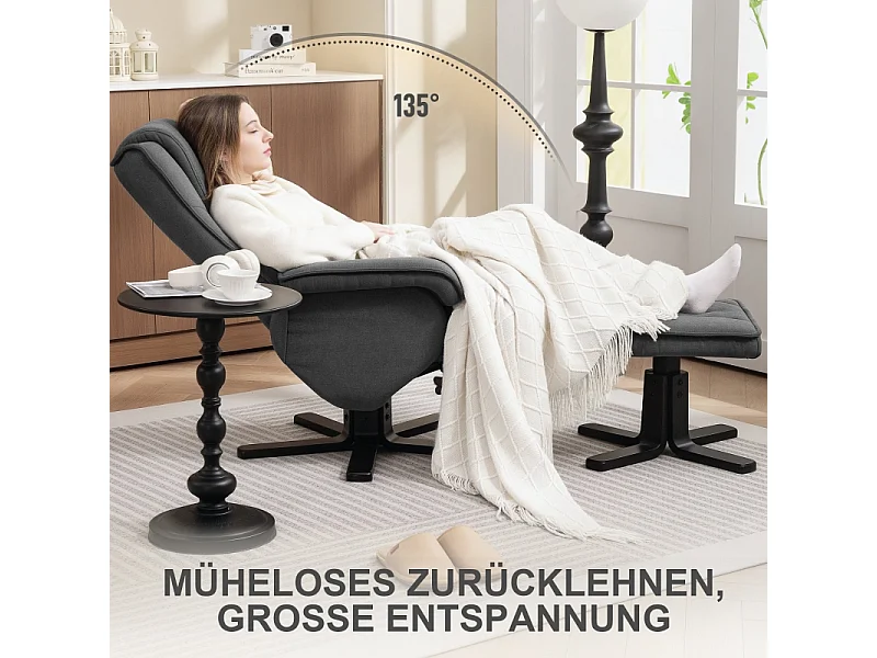 Fauteuil de relaxation avec repose-pieds, 360° pivotant, tissu velours, gris foncé (87x67x96 cm)
