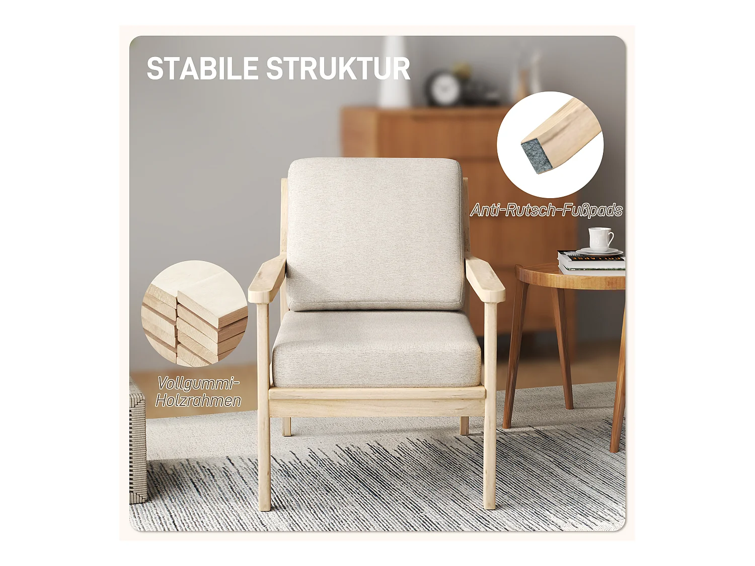 Fauteuil lounge avec accoudoirs, tissu lin, beige, avec coussins amovibles (62x82x82 cm)