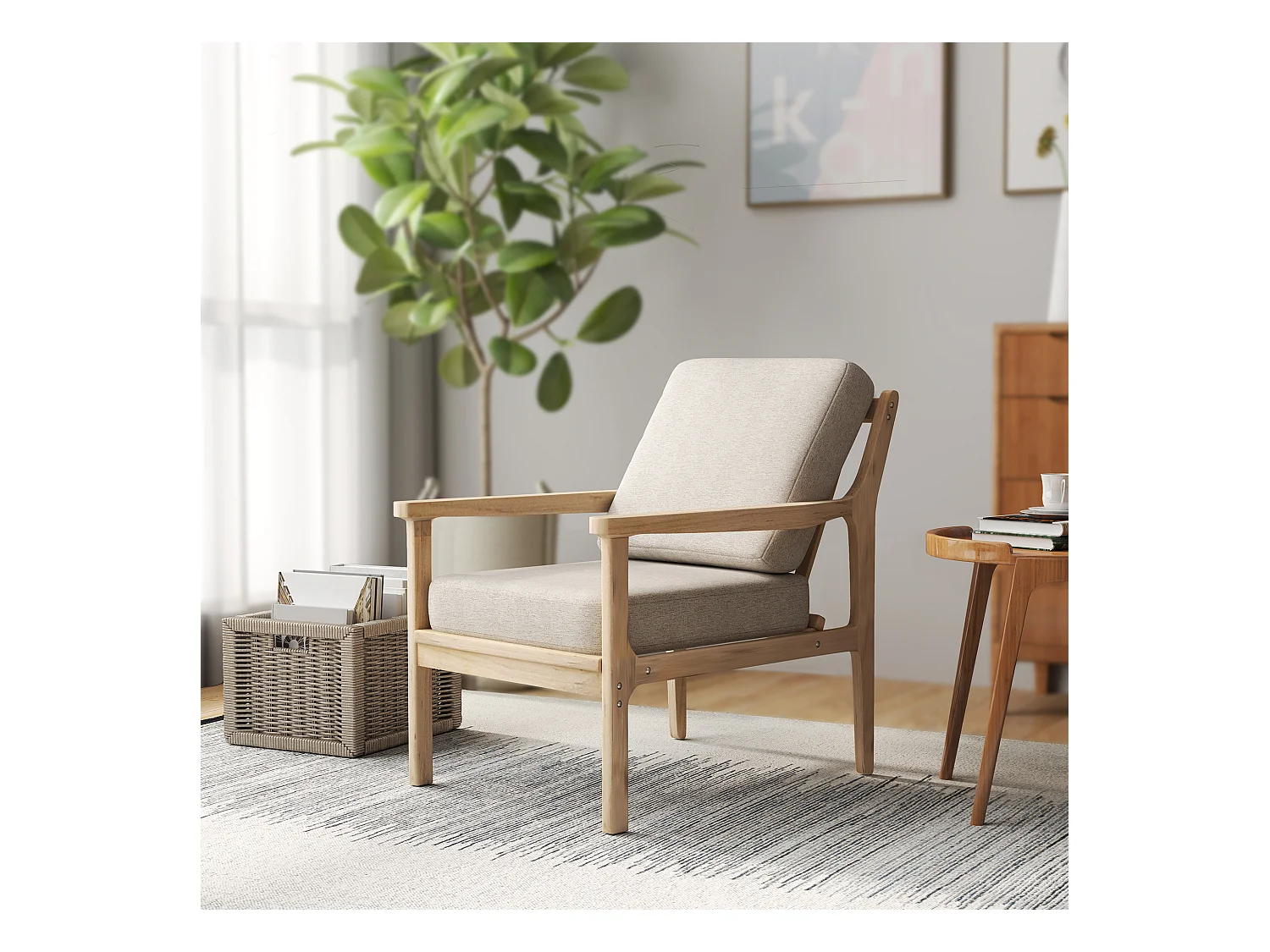 Poltrona con braccioli, tessuto di lino, beige, con cuscini sfoderabili (62x82x82 cm)