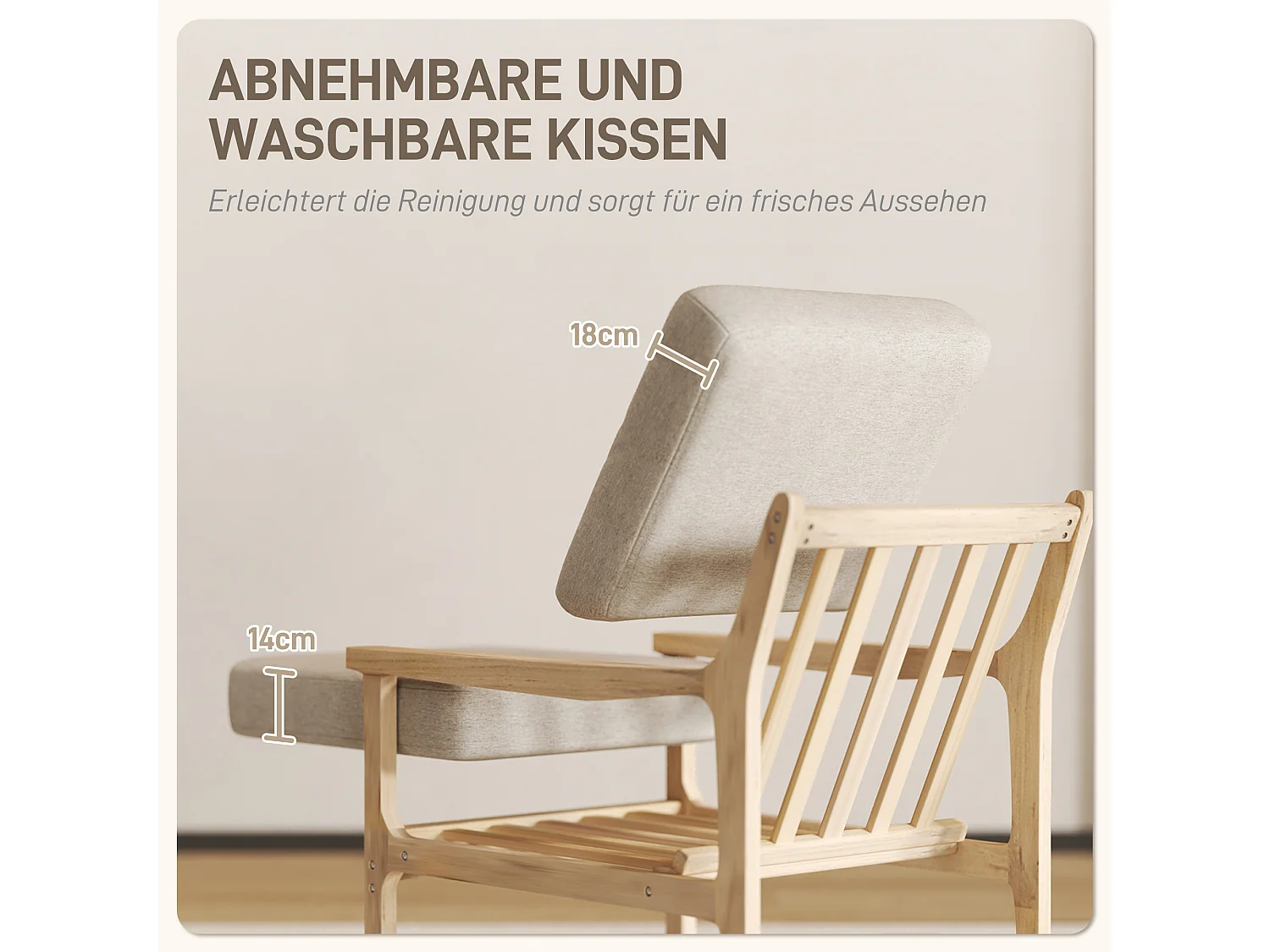 Fauteuil lounge avec accoudoirs, tissu lin, beige, avec coussins amovibles (62x82x82 cm)