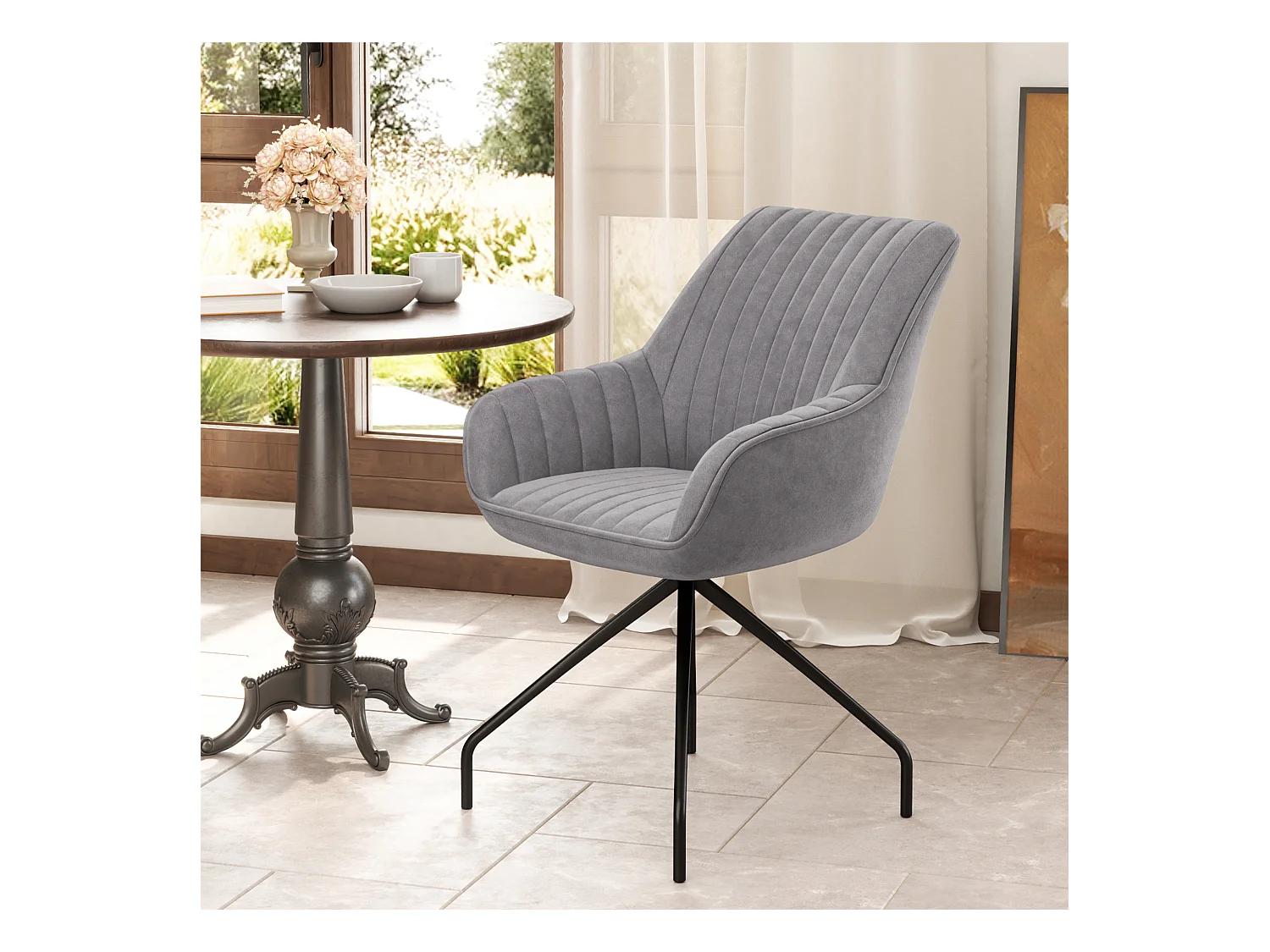 Sessel draaistoel met armleuningen, modern design, imitatie fluwelen stof, metalen poten, donkergrijs (61x62x81 cm)