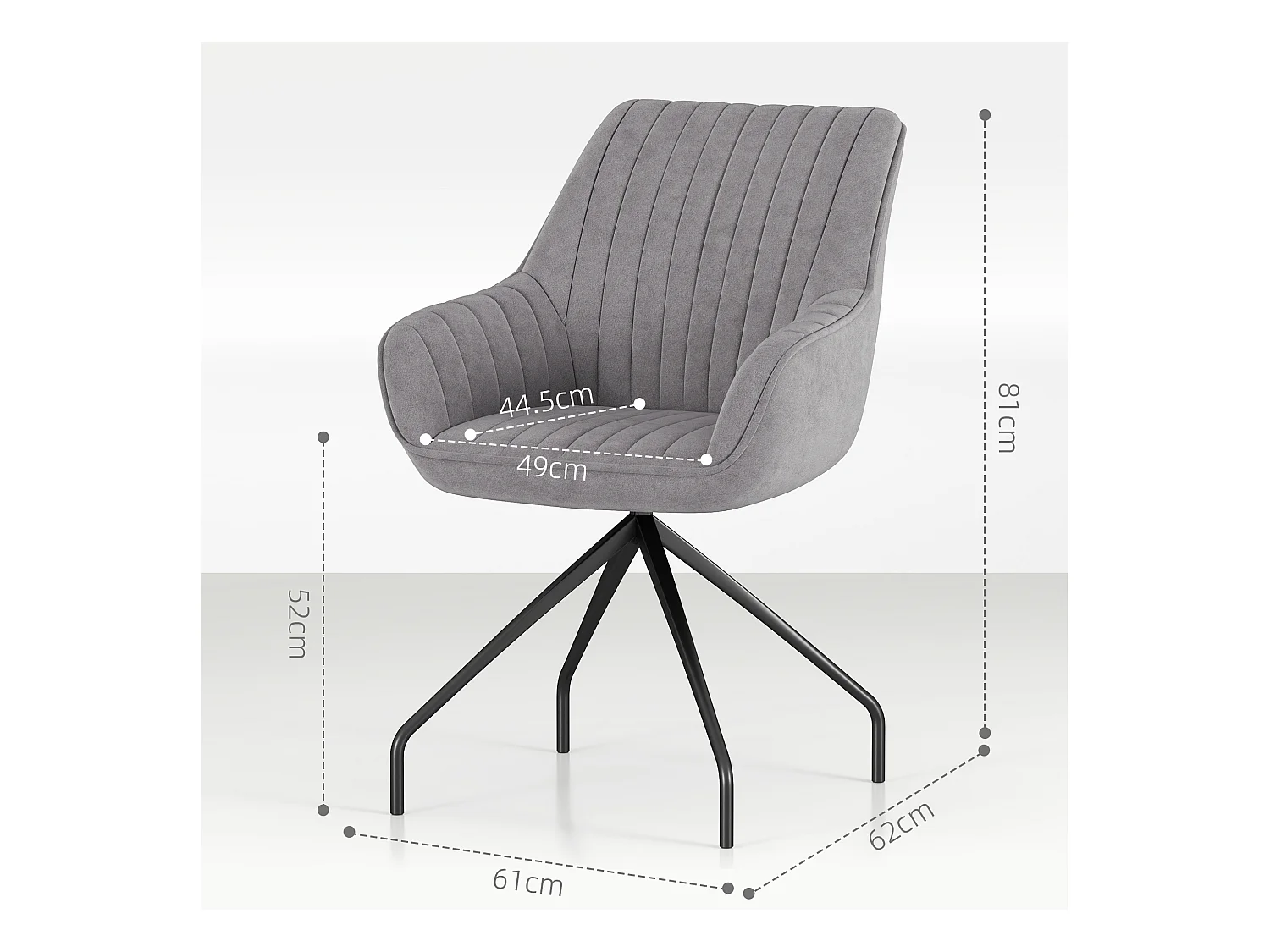 Sessel draaistoel met armleuningen, modern design, imitatie fluwelen stof, metalen poten, donkergrijs (61x62x81 cm)