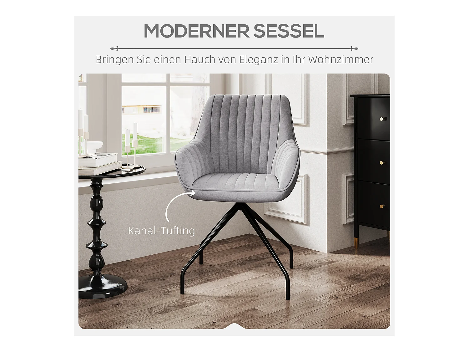 Sessel draaistoel met armleuningen, modern design, imitatie fluwelen stof, metalen poten, donkergrijs (61x62x81 cm)