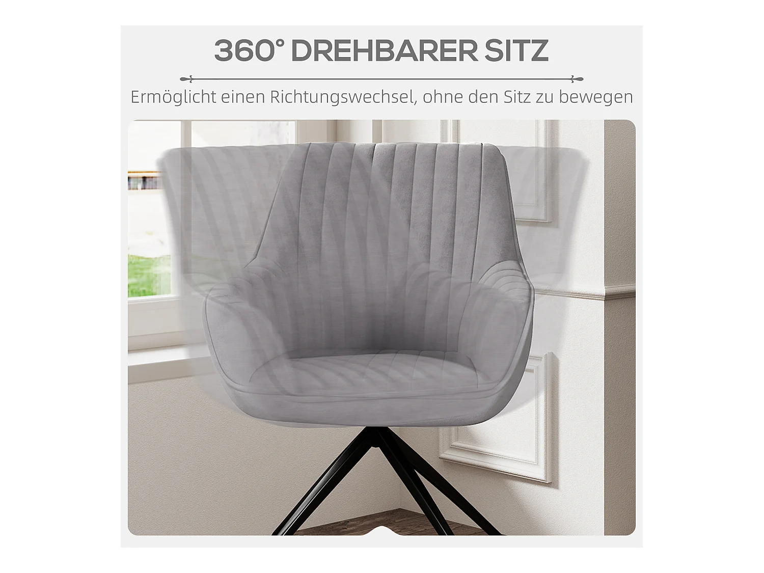 Sessel draaistoel met armleuningen, modern design, imitatie fluwelen stof, metalen poten, donkergrijs (61x62x81 cm)