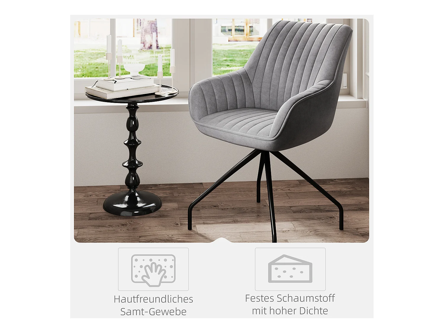 Sessel draaistoel met armleuningen, modern design, imitatie fluwelen stof, metalen poten, donkergrijs (61x62x81 cm)