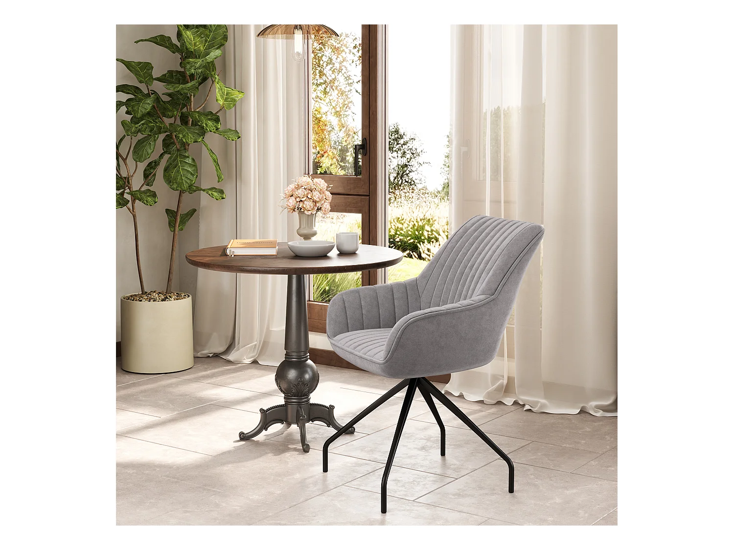 Sessel draaistoel met armleuningen, modern design, imitatie fluwelen stof, metalen poten, donkergrijs (61x62x81 cm)