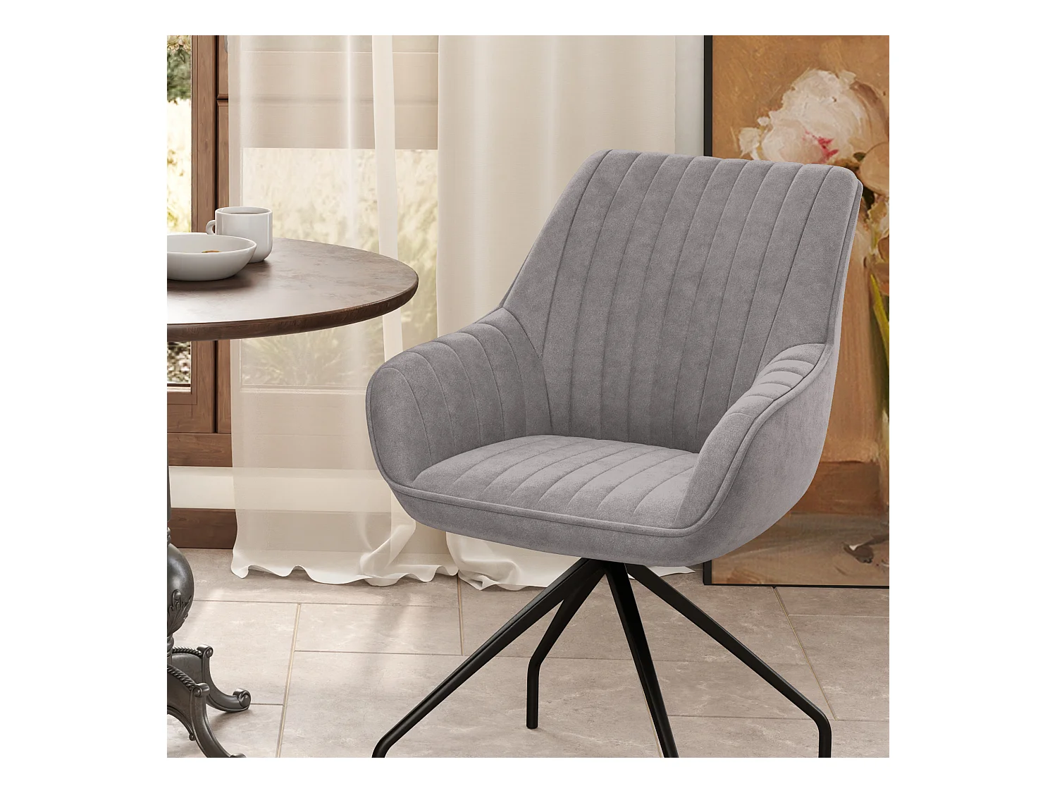 Sessel draaistoel met armleuningen, modern design, imitatie fluwelen stof, metalen poten, donkergrijs (61x62x81 cm)