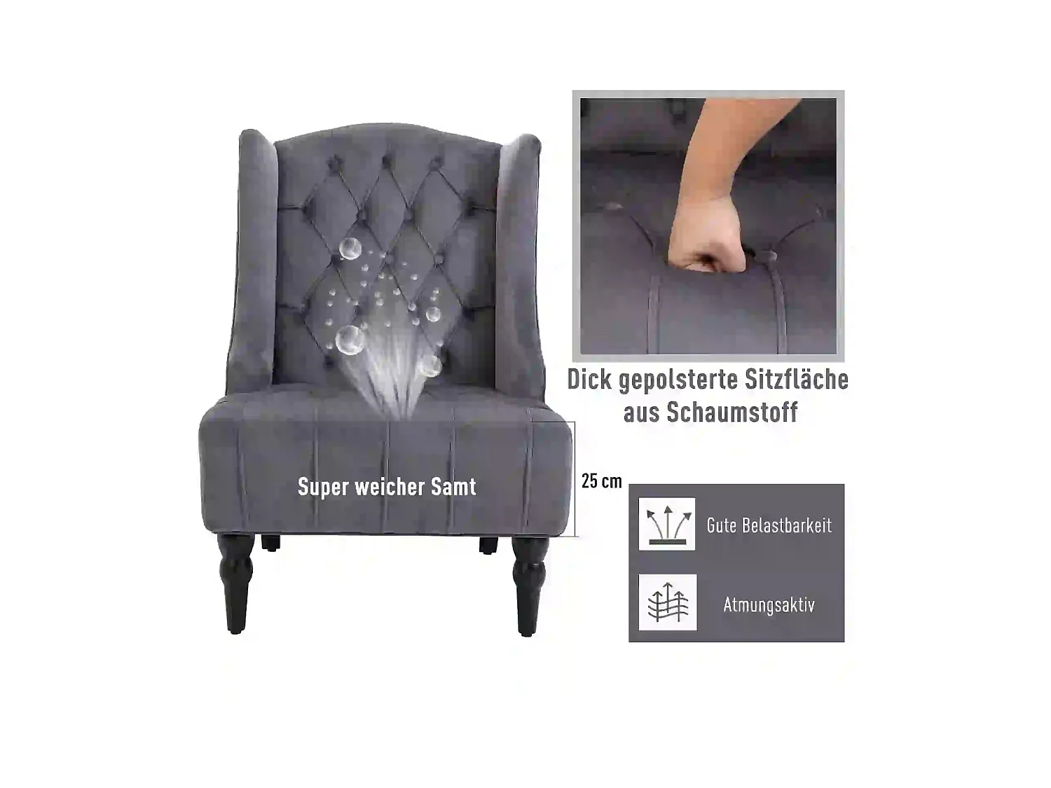 Fauteuil Relax, design moderne avec accoudoirs, tissu velours gris, structure en bois, 67 x 70.5 x 97 cm