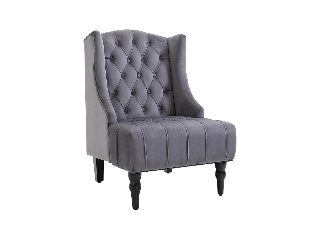 Relaxfauteuil, modern design met armleuningen, grijze fluwelen stof, houten structuur, 67 x 70,5 x 97 cm