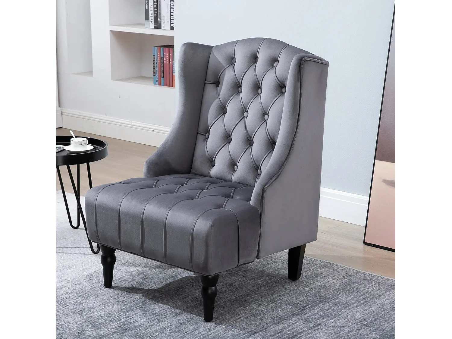 Fauteuil Relax, design moderne avec accoudoirs, tissu velours gris, structure en bois, 67 x 70.5 x 97 cm