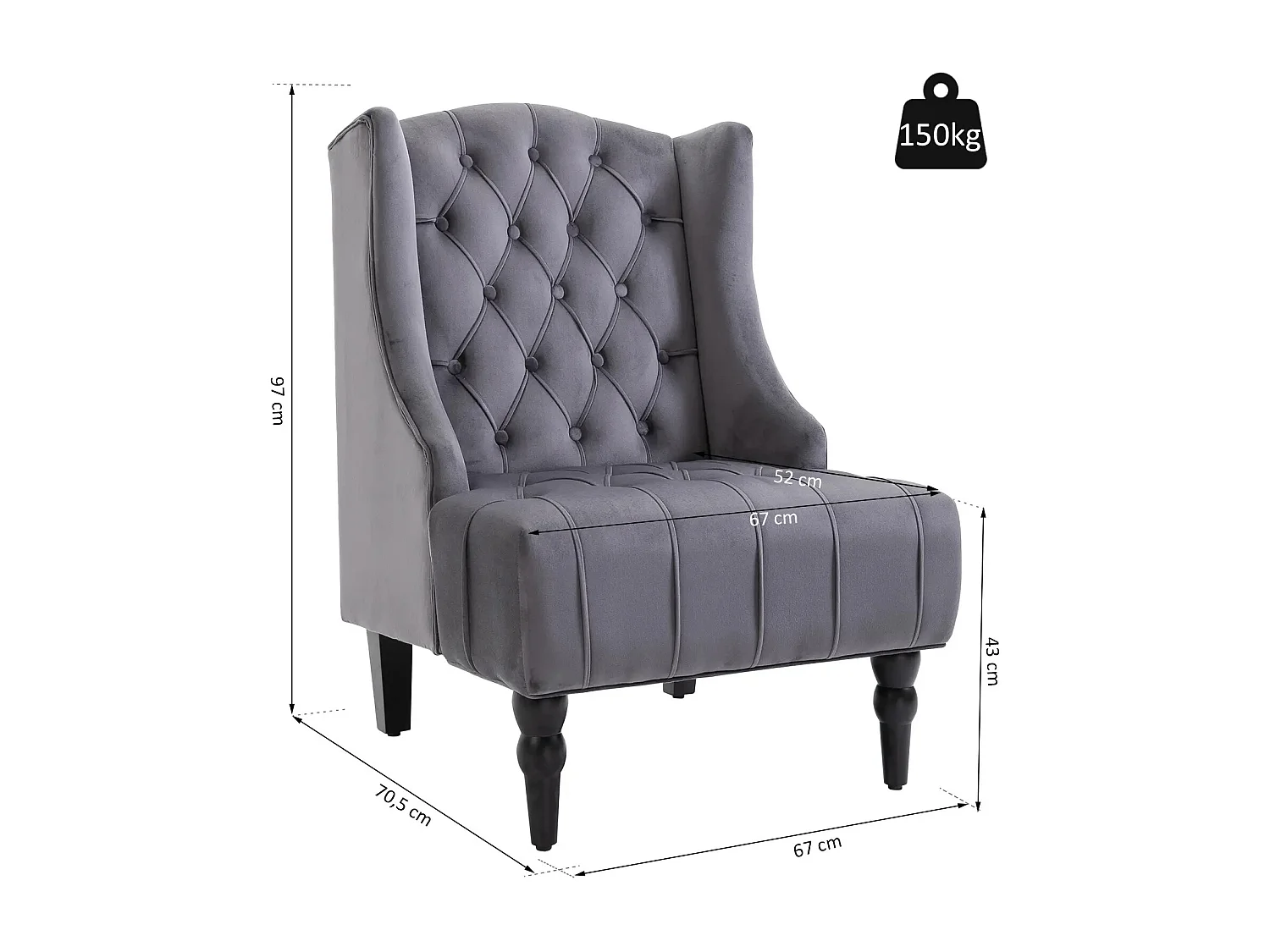 Fauteuil Relax, design moderne avec accoudoirs, tissu velours gris, structure en bois, 67 x 70.5 x 97 cm