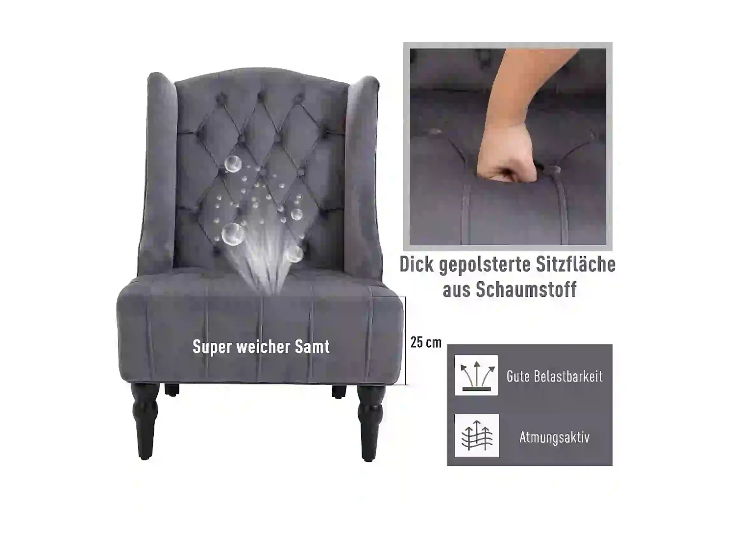 Fauteuil Relax, design moderne avec accoudoirs, tissu velours gris, structure en bois, 67 x 70.5 x 97 cm