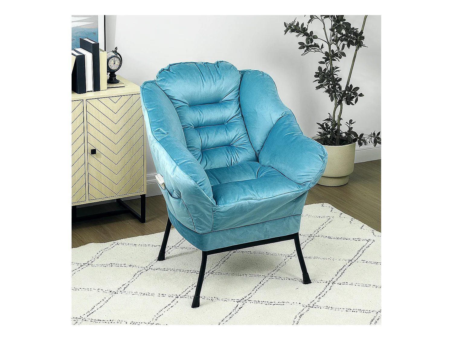 Fauteuil lounge rembourré avec poche latérale, pieds acier, tissu velours, bleu (80x78x100cm)