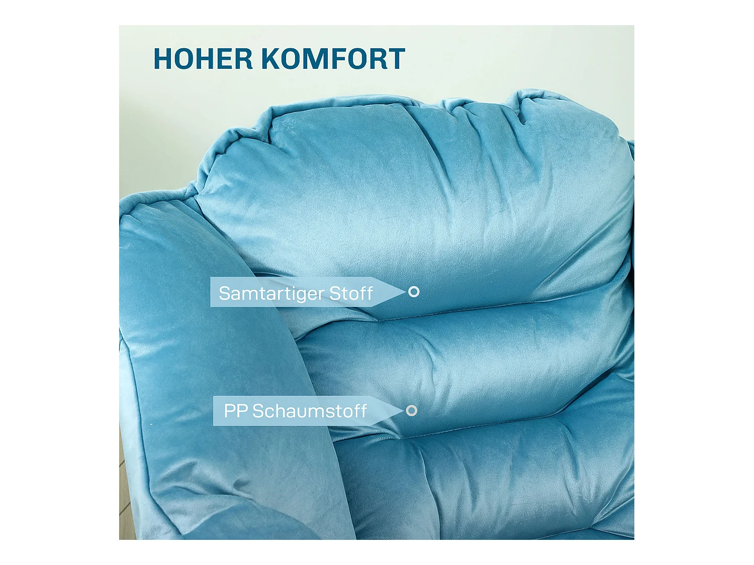 Fauteuil lounge rembourré avec poche latérale, pieds acier, tissu velours, bleu (80x78x100cm)