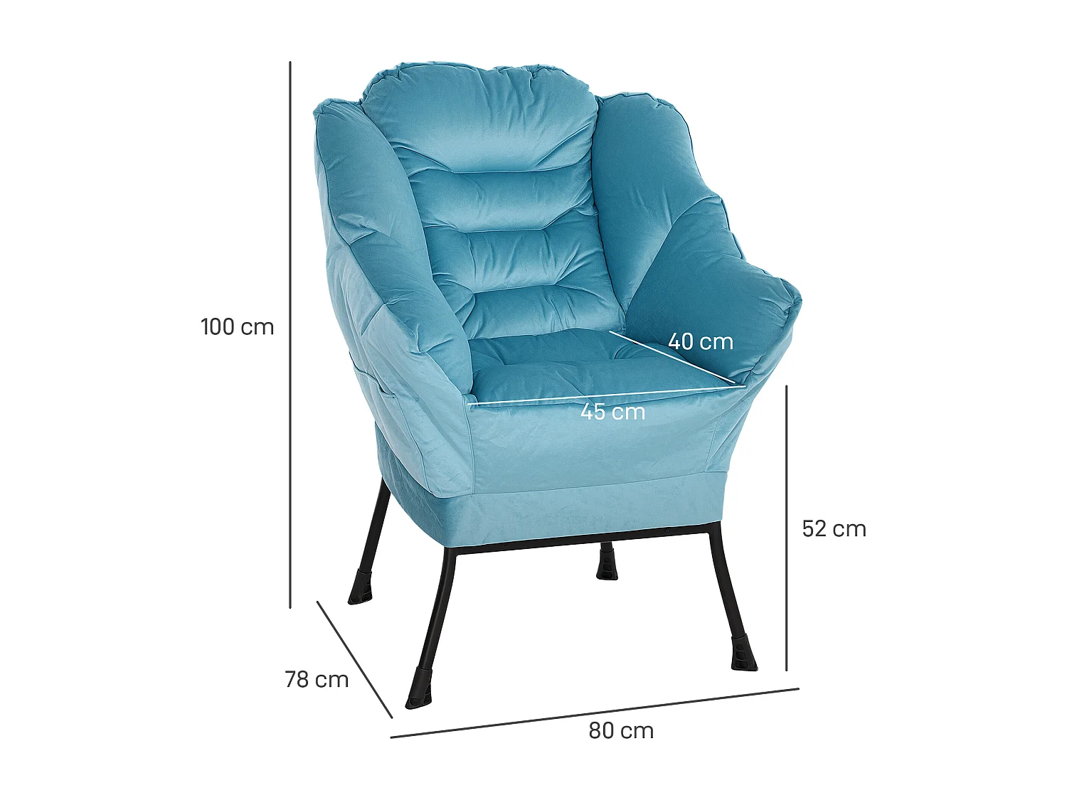Fauteuil lounge rembourré avec poche latérale, pieds acier, tissu velours, bleu (80x78x100cm)