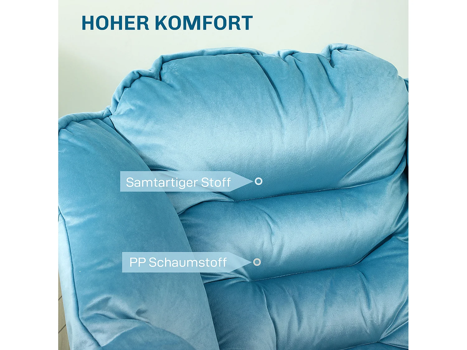 Fauteuil lounge rembourré avec poche latérale, pieds acier, tissu velours, bleu (80x78x100cm)