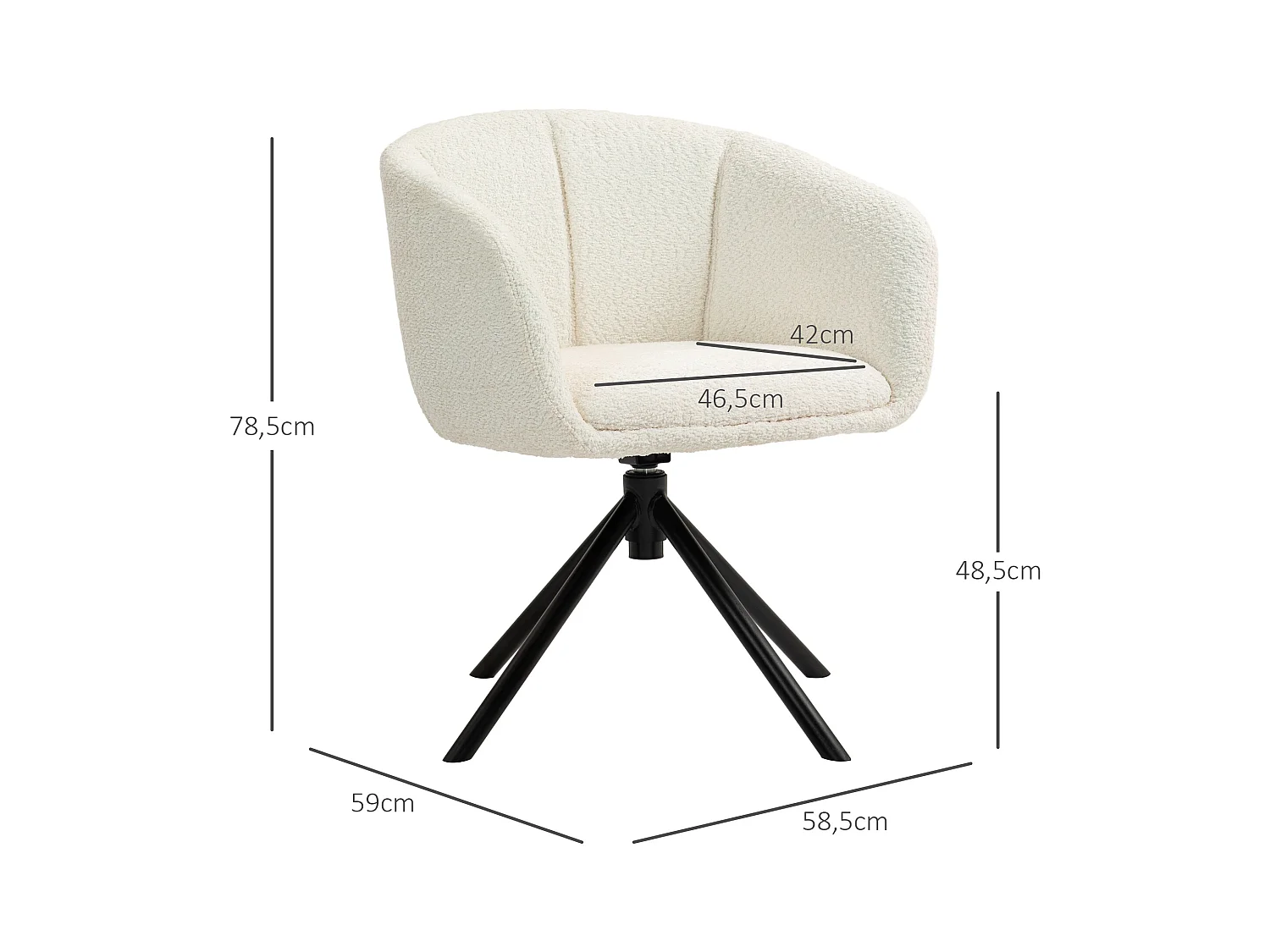 Fauteuil Lounge avec Accoudoirs et Fonction Pivotante 360°, en Tissu Lin, Pieds Métalliques, Crème (58.5x59x78.5 cm)