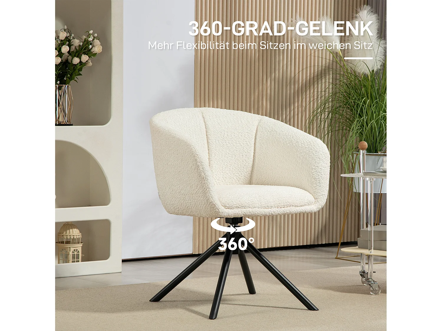 Fauteuil Lounge avec Accoudoirs et Fonction Pivotante 360°, en Tissu Lin, Pieds Métalliques, Crème (58.5x59x78.5 cm)