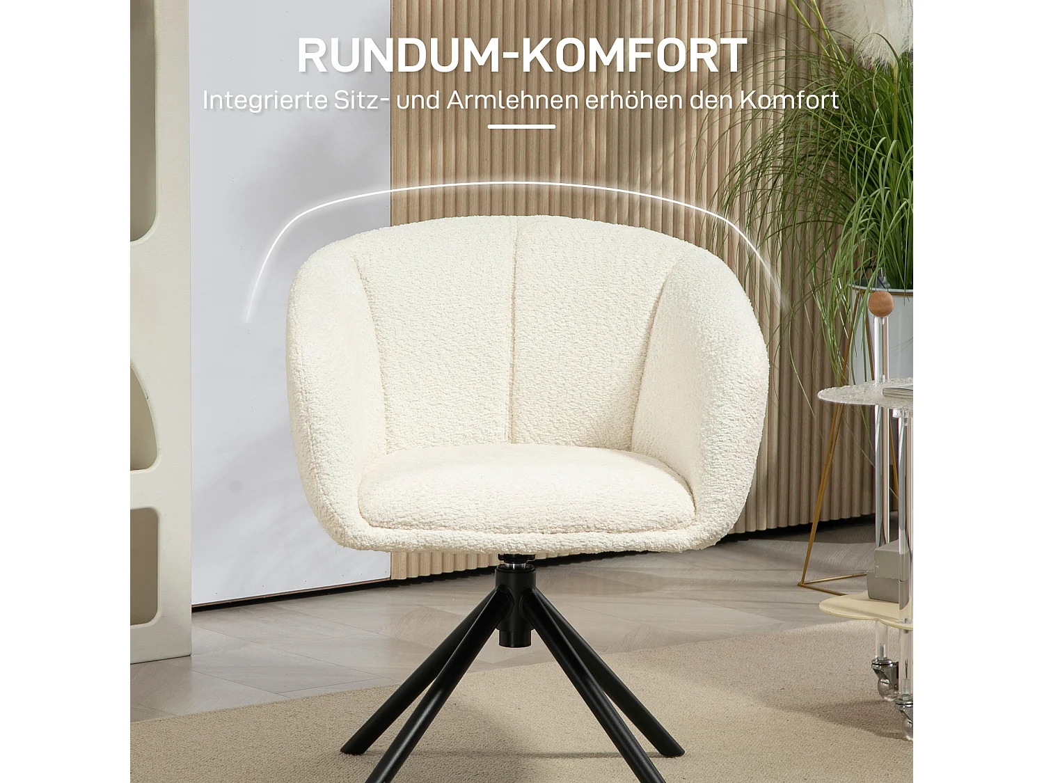 Fauteuil Lounge avec Accoudoirs et Fonction Pivotante 360°, en Tissu Lin, Pieds Métalliques, Crème (58.5x59x78.5 cm)