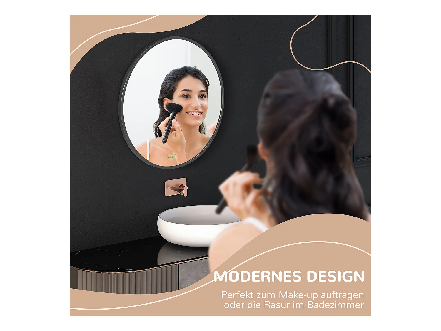 Miroir rond pour salle de bain, cadre en aluminium, Ø50 cm, noir, pour salon, chambre et salle de bain (50x2x50 cm)