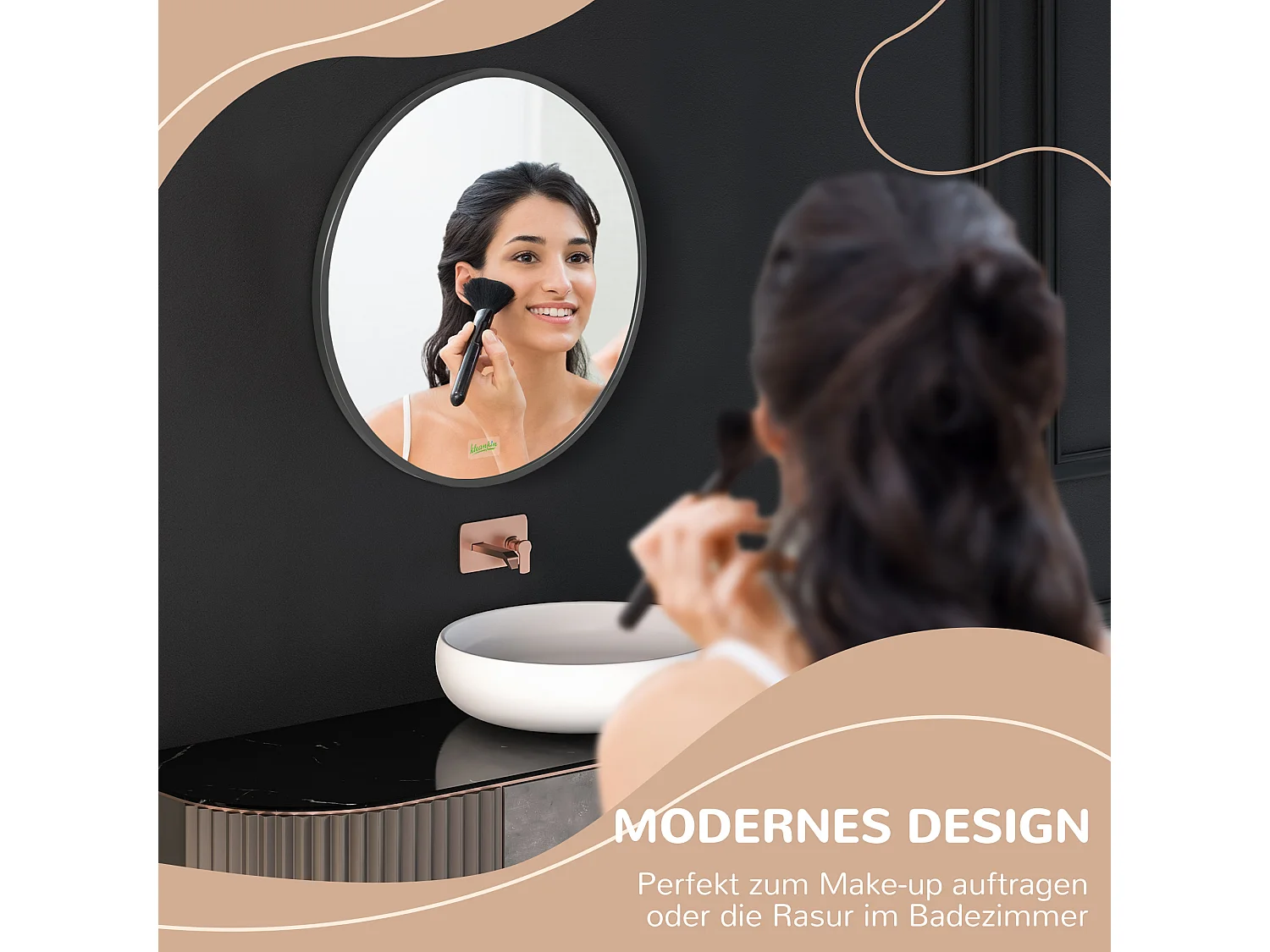 Miroir rond pour salle de bain, cadre en aluminium, Ø50 cm, noir, pour salon, chambre et salle de bain (50x2x50 cm)
