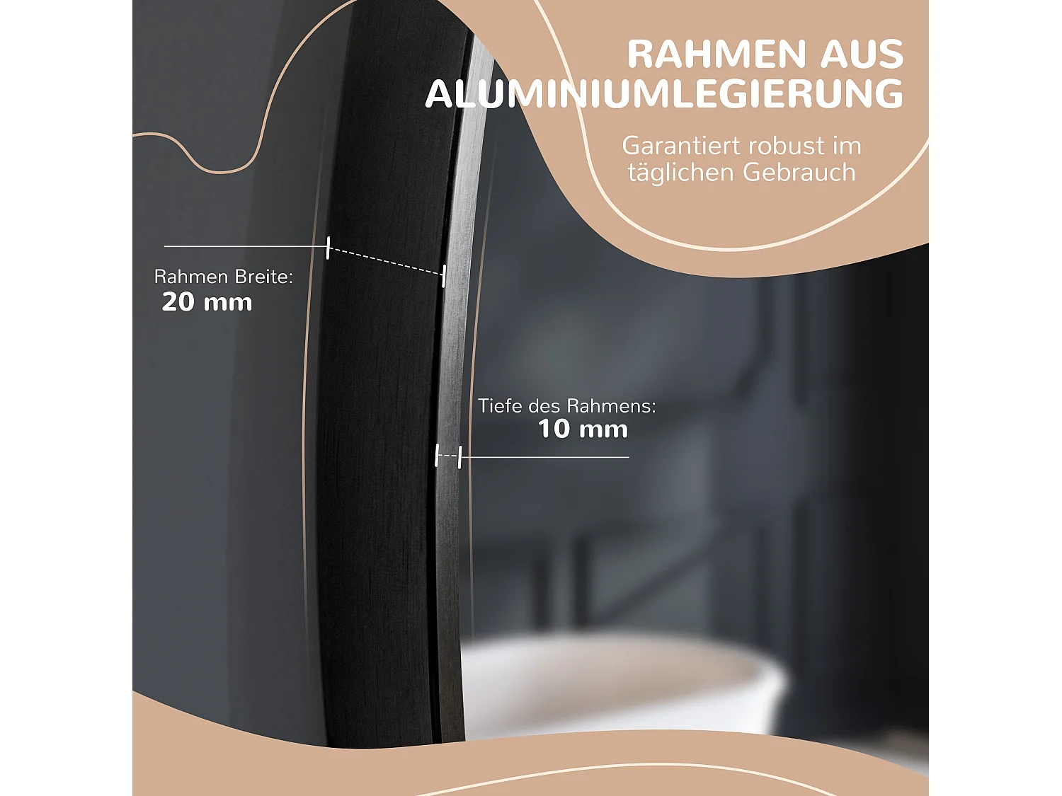 Miroir rond pour salle de bain, cadre en aluminium, Ø50 cm, noir, pour salon, chambre et salle de bain (50x2x50 cm)