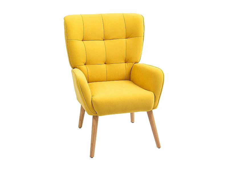 Fauteuil de salon avec pieds en bois, tissu en velours, chaise de lecture, jaune (75x66x100 cm)