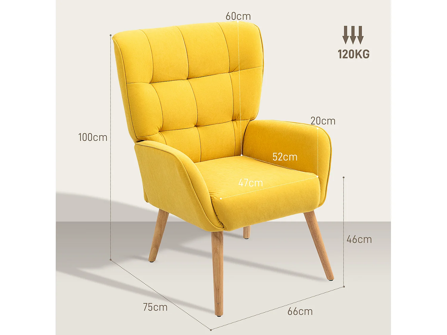Sillón de salón con patas de madera, tejido de terciopelo, sillón de lectura, amarillo (75x66x100 cm)
